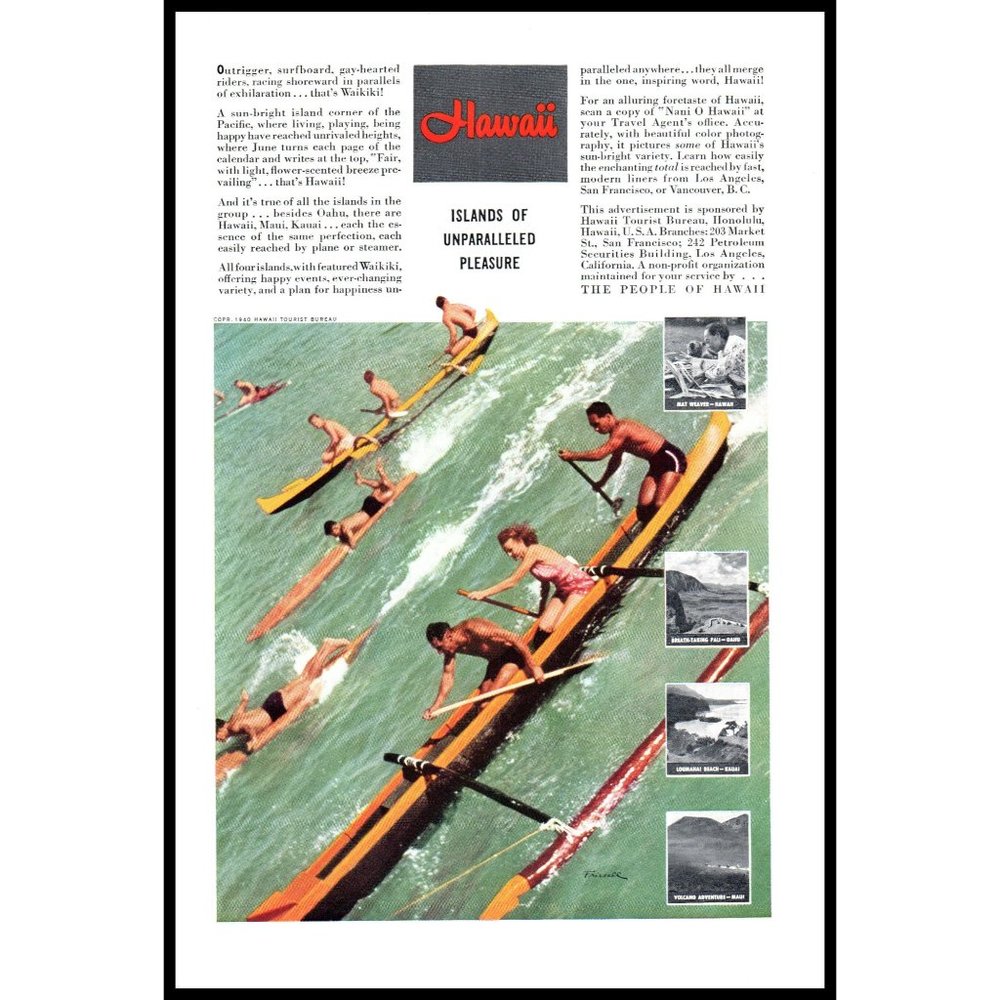 1940 Hawaii Hawaiian Vacation Travel Vintage Print Ad Outrigger Catamaran Photo